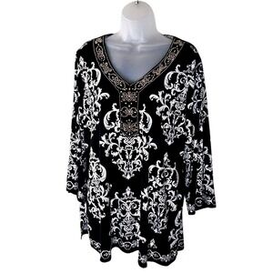 JM Collection Woman Black‎ White Damask Beaded V Neck Tunic Top Plus Size 2X